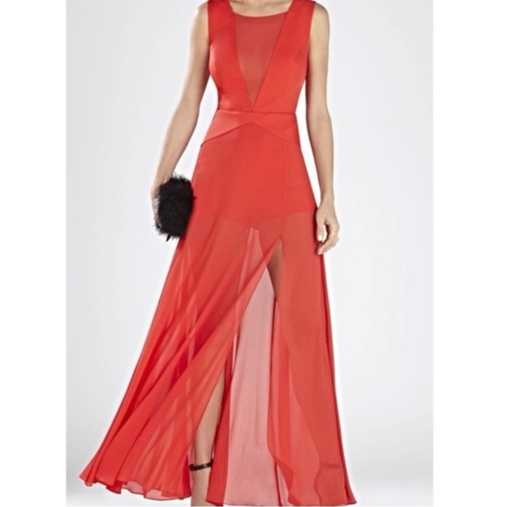 BCBGMAXAZRIA Poppy Red Sheer Sleeveless High Slit Halee Gown